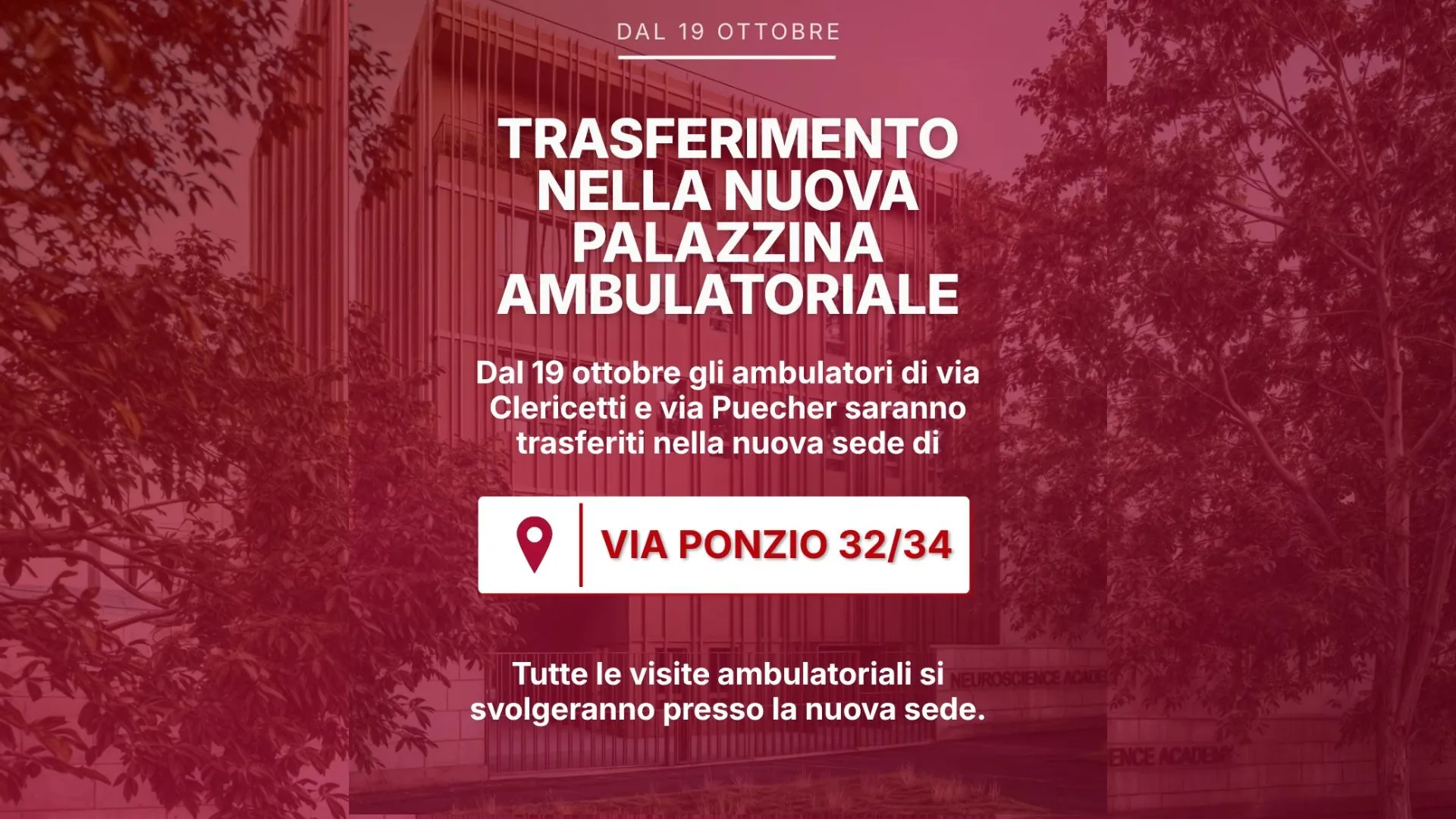 Trasferimento nella nuova palazzina ambulatoriale via Ponzio dal 19 ottobre 2026